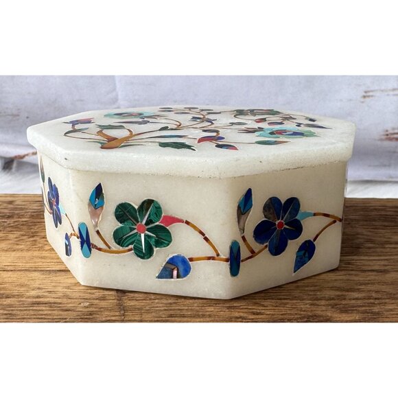 Marquetry Malachite Lapis Floral Hakik Marble Jewelry Box with Handmade Inlay - Picture 5 of 10